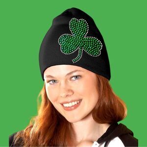 St. Patrick’s day black beanie with studded shamrock design! New